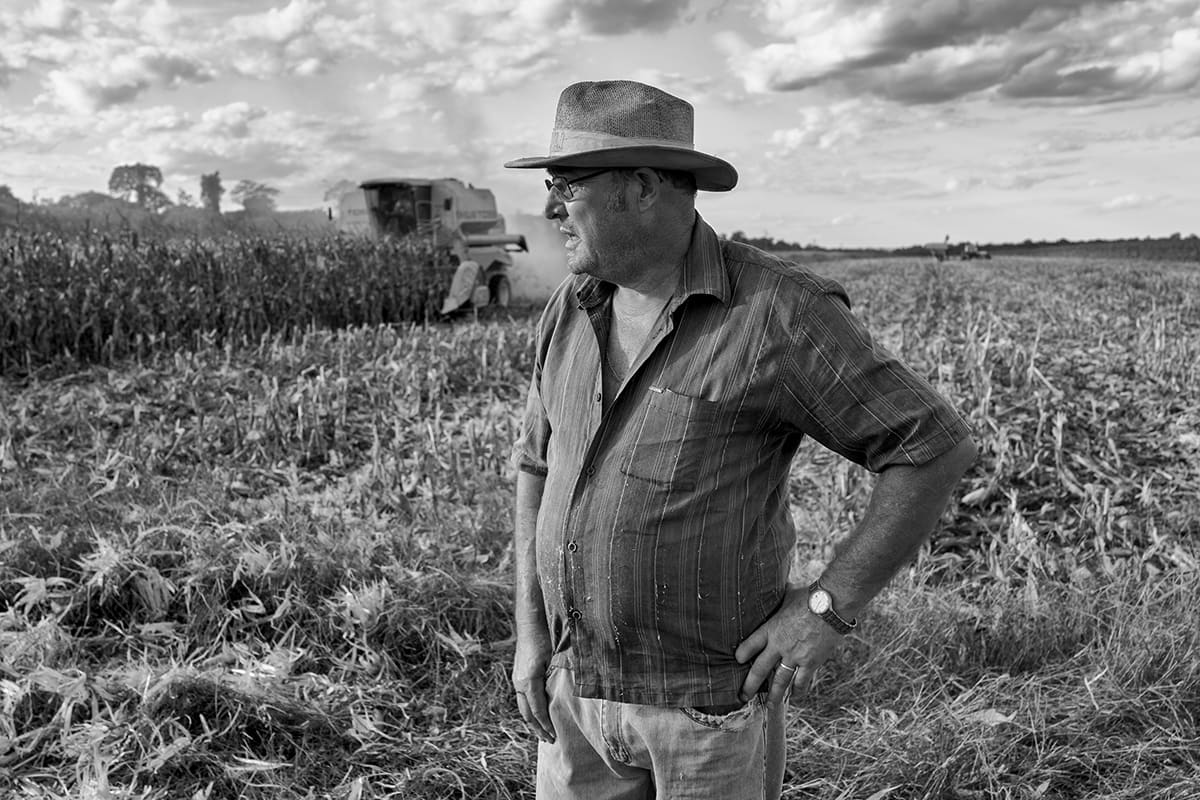 A man in a hat stands with his hands on his hips in a field while a combine harvester works behind him.