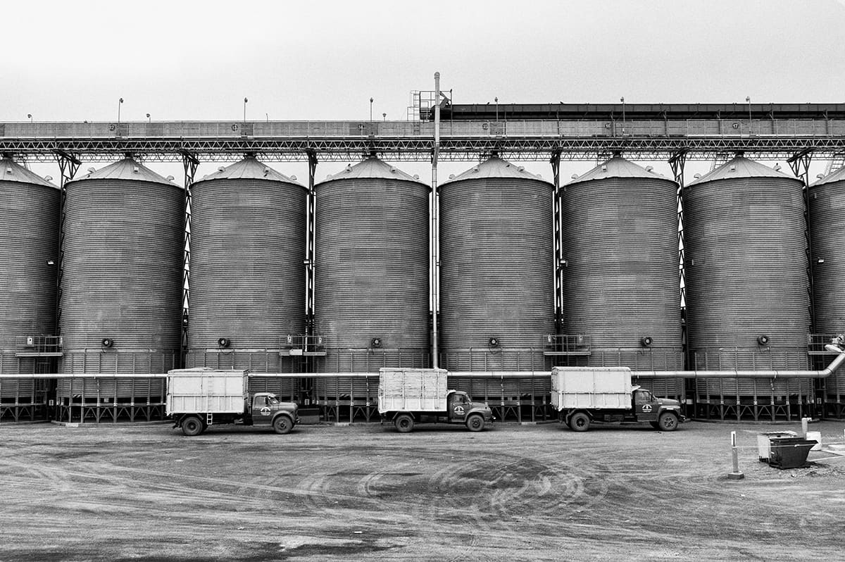 A row of tall grain silos with trucks parked at their base.