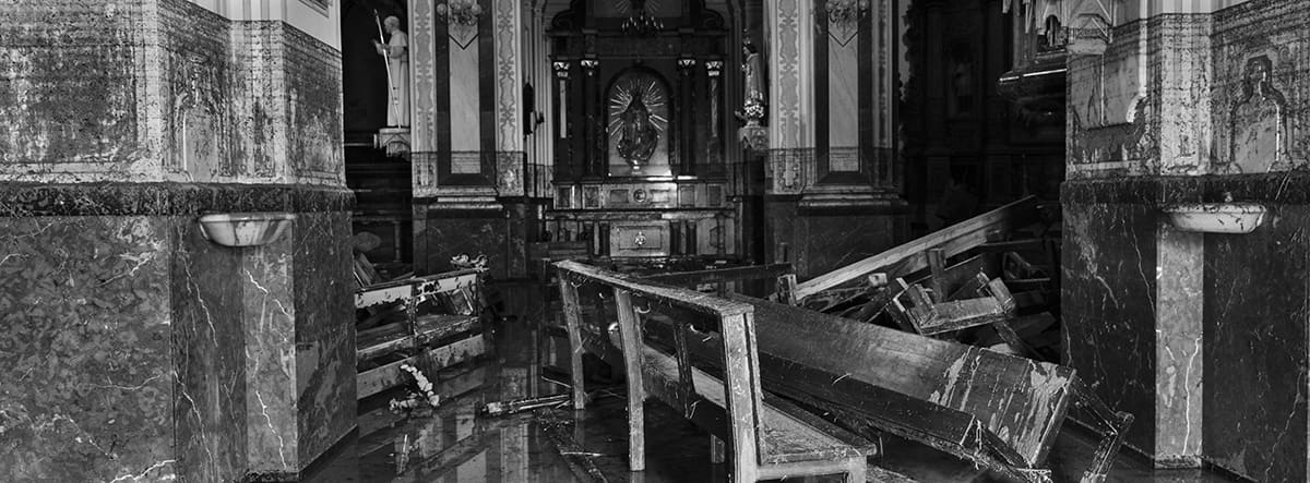Interior of the Iglesia de la Inmaculada church in Paiporta covered in mud after the Valencia DANA flood
