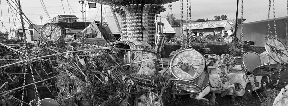 Wreckage of a fairground destroyed by the DANA flood in Paiporta, Valencia