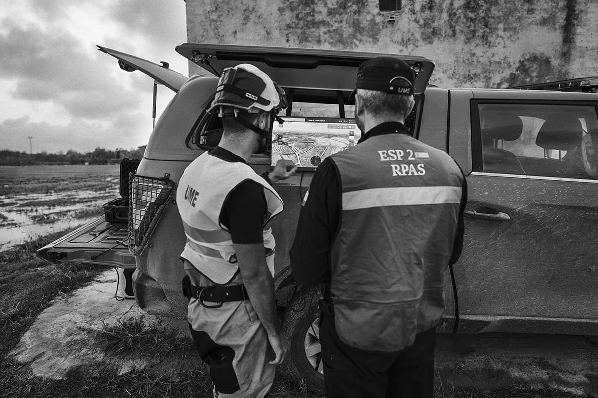UME team operating a drone to search for missing flood victims in the Albufera Natural Park after the Valencia DANA