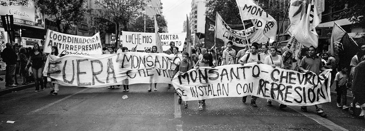 Marchers carry long banners against Monsanto through a city street.