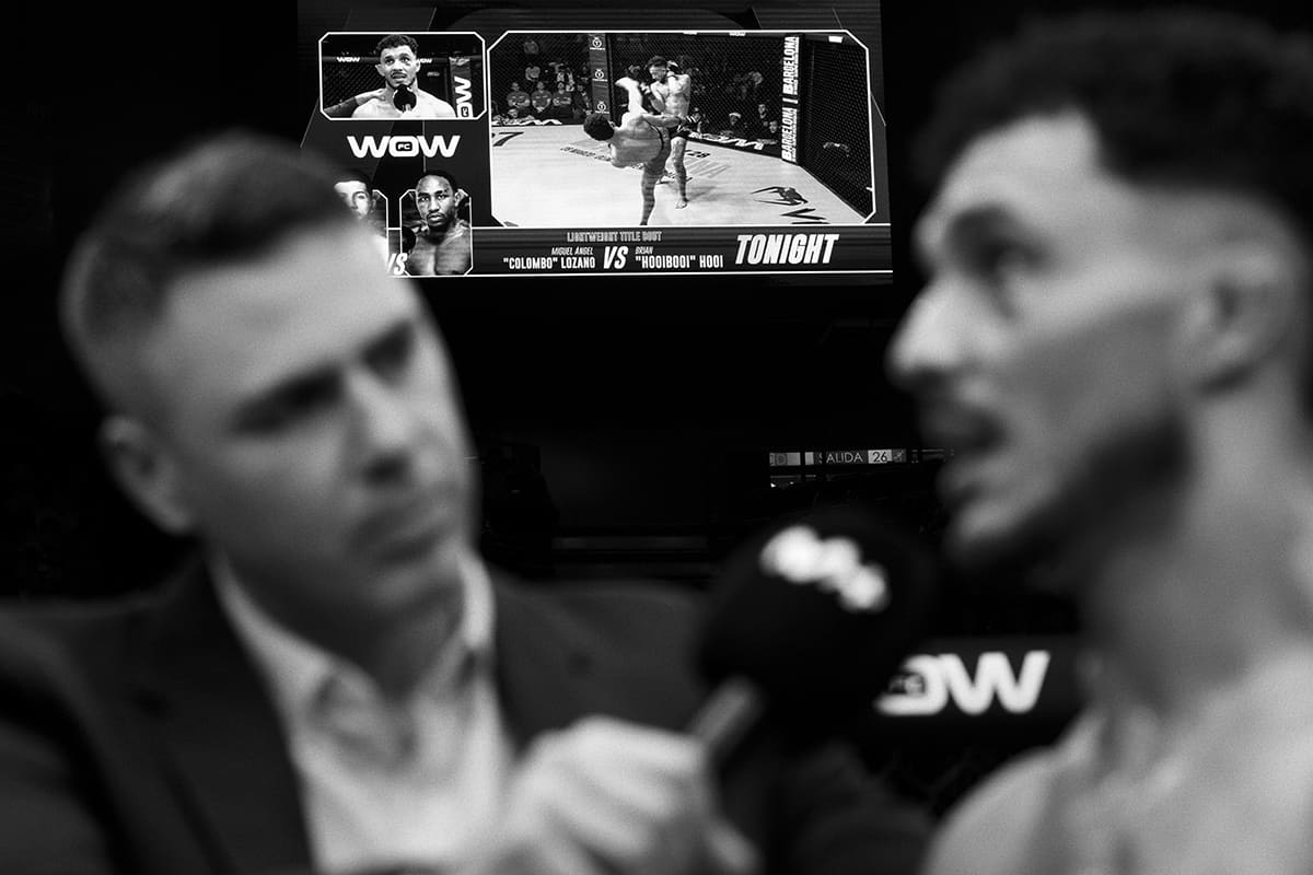 Mohamed El Karchouh speaks to the host after winning his lightweight MMA fight at WOW 27 in Madrid.