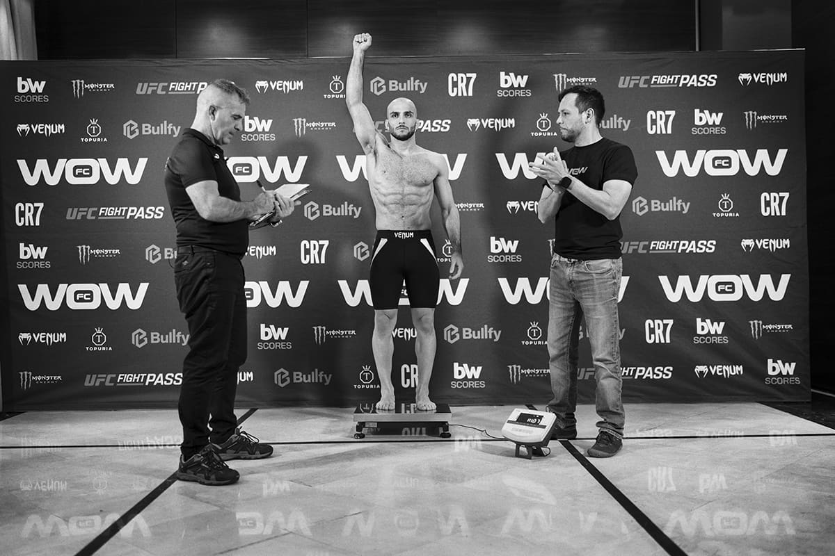 Ze Machado stands on the official scale during the weigh-in for an MMA event in Madrid.