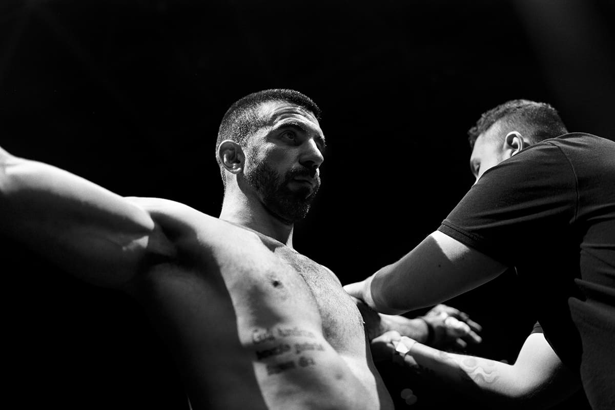 Arkaitz Ramos undergoes official inspection by referees prior to entering the MMA octagon at WOW 26 in Bilbao.