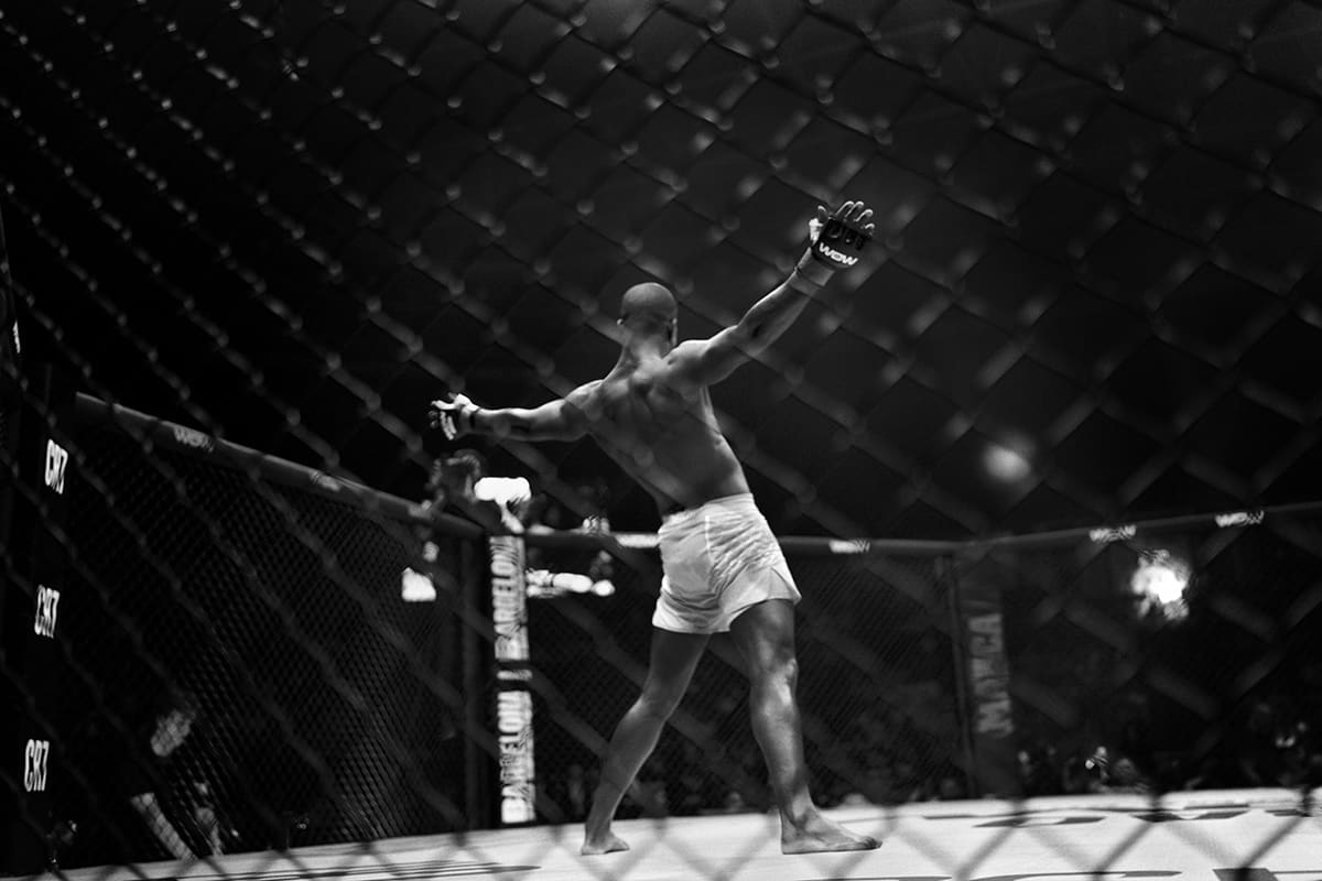 Fighters compete inside the cage during a WOW 26 MMA event in Bilbao.