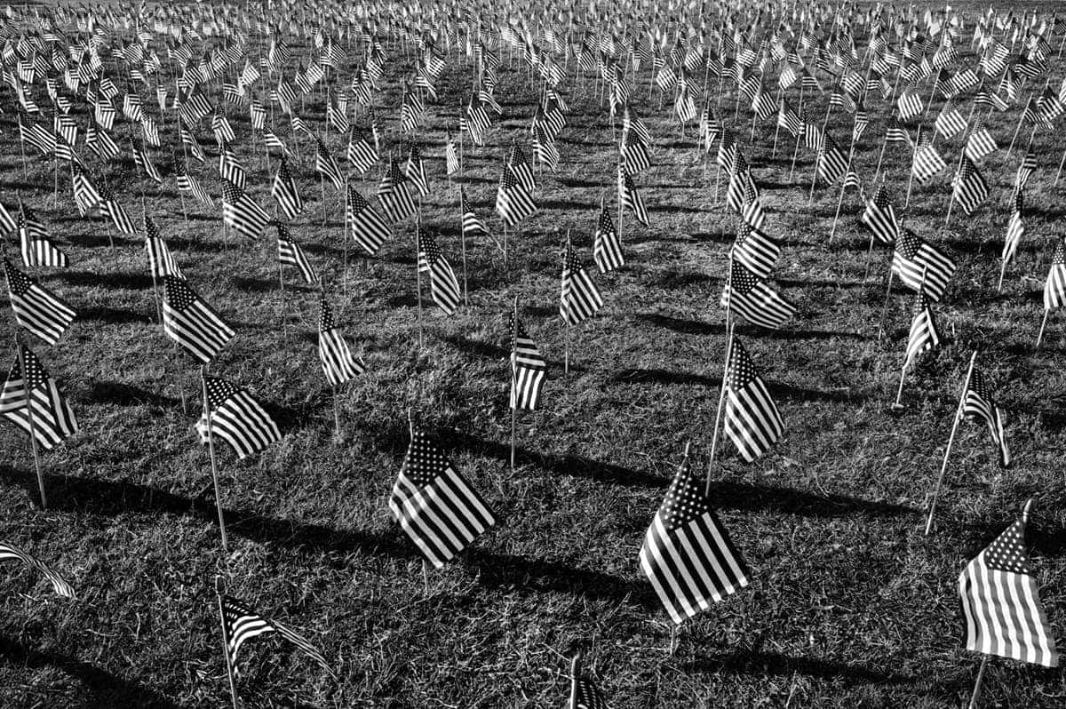 A field of small American flags planted in the grass as a memorial tribute to US soldiers killed in the Iraq War 2003 and Afghanistan, in Washington DC