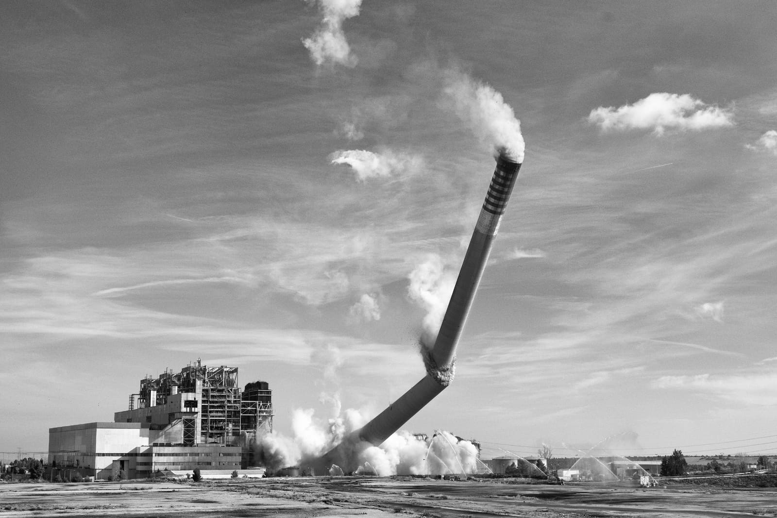 Controlled demolition of the 343-metre chimney of the Andorra power plant, Teruel, Spain, 2023