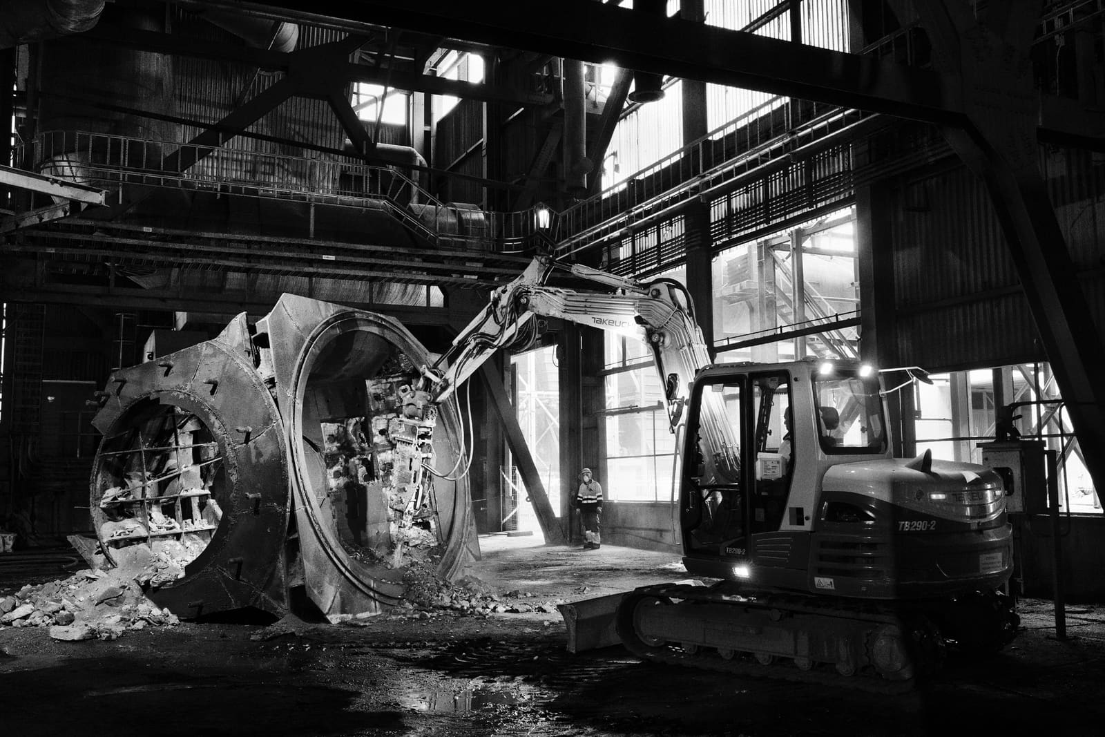 Heavy machinery dismantling structures at the As Pontes coal power plant, Galicia, Spain, 2025