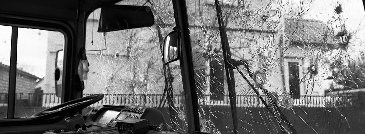 The remains of a school bus riddled with bullets in an outlying neighbourhood of Kharkiv.