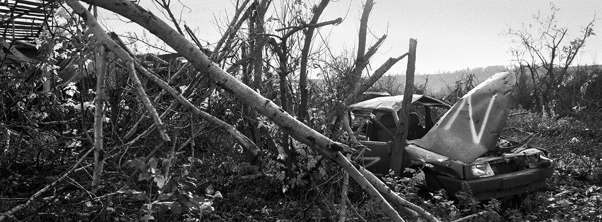 The remains of a vehicle used by Russian troops in the village of Dementiivka.