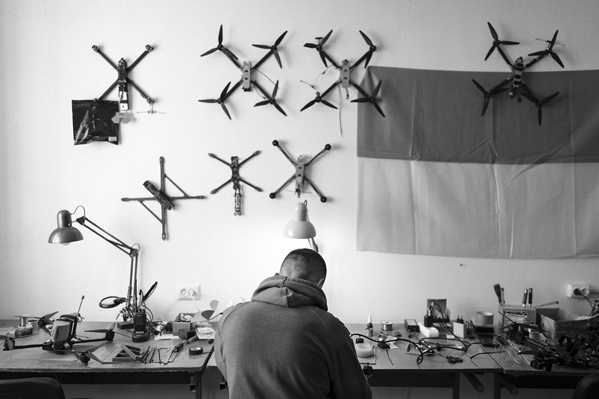 A war veteran keeps fighting from a distance, assembling drones in Lysychansk.