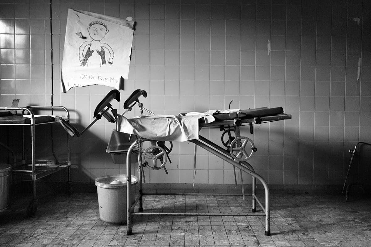 An empty examination table inside the hospital in Goma, North Kivu, Democratic Republic of Congo.