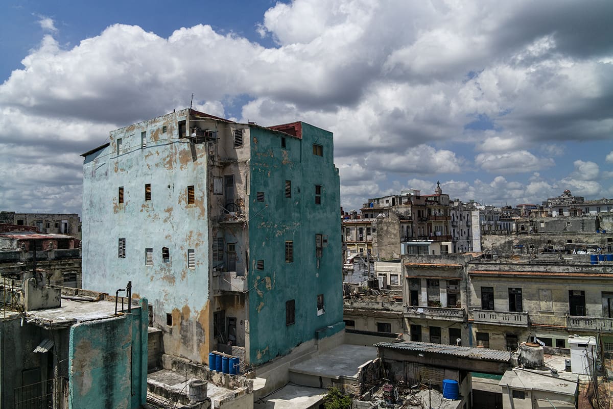 General view of the rooftops and crumbling buildings of Centro Habana, Cuba.