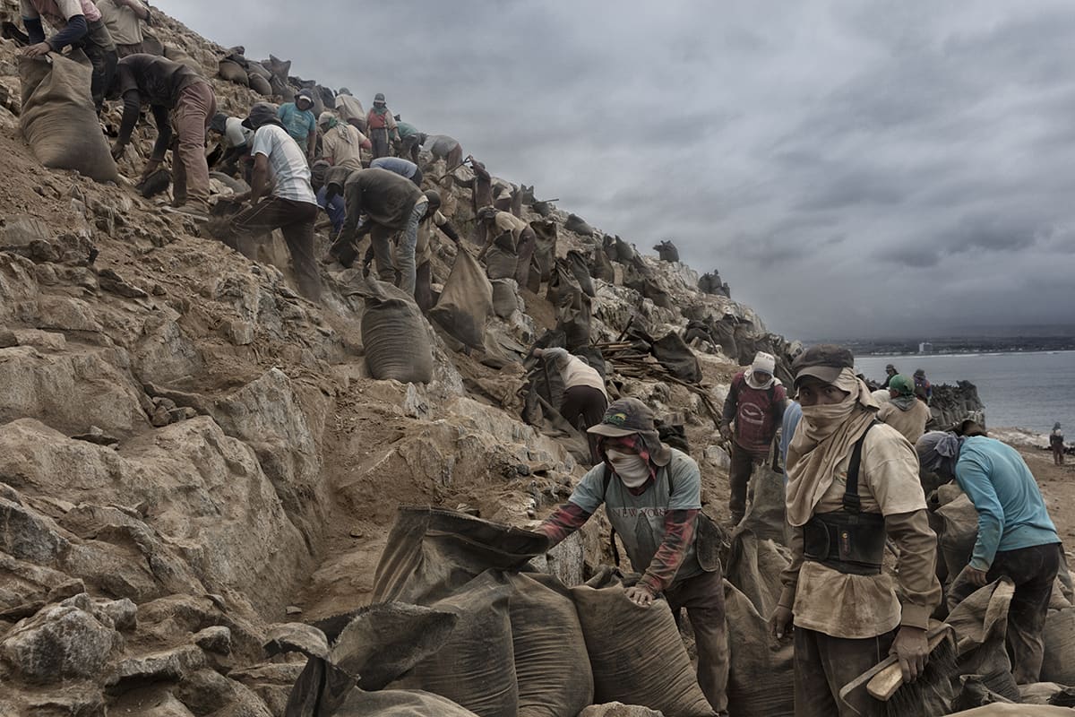 Guano workers harvesting on a steep rocky slope above the Pacific on Isla Asia, Peru.