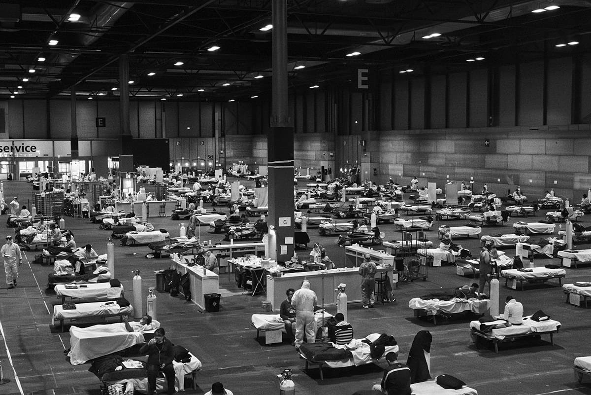 Rows of hospital beds inside the IFEMA field hospital built for COVID-19 patients in Madrid.