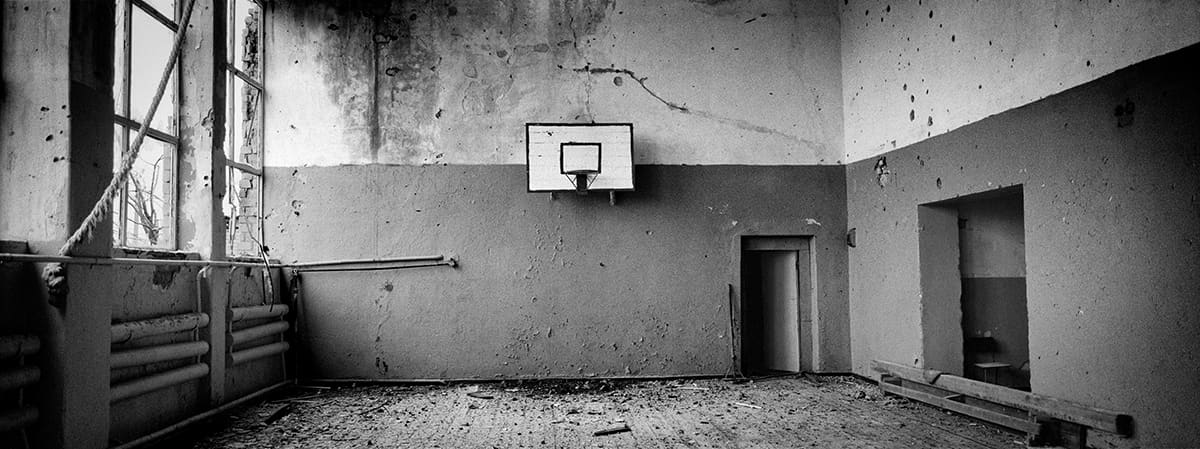 The remains of the school gymnasium in the village of Nikishyne, eastern Ukraine.