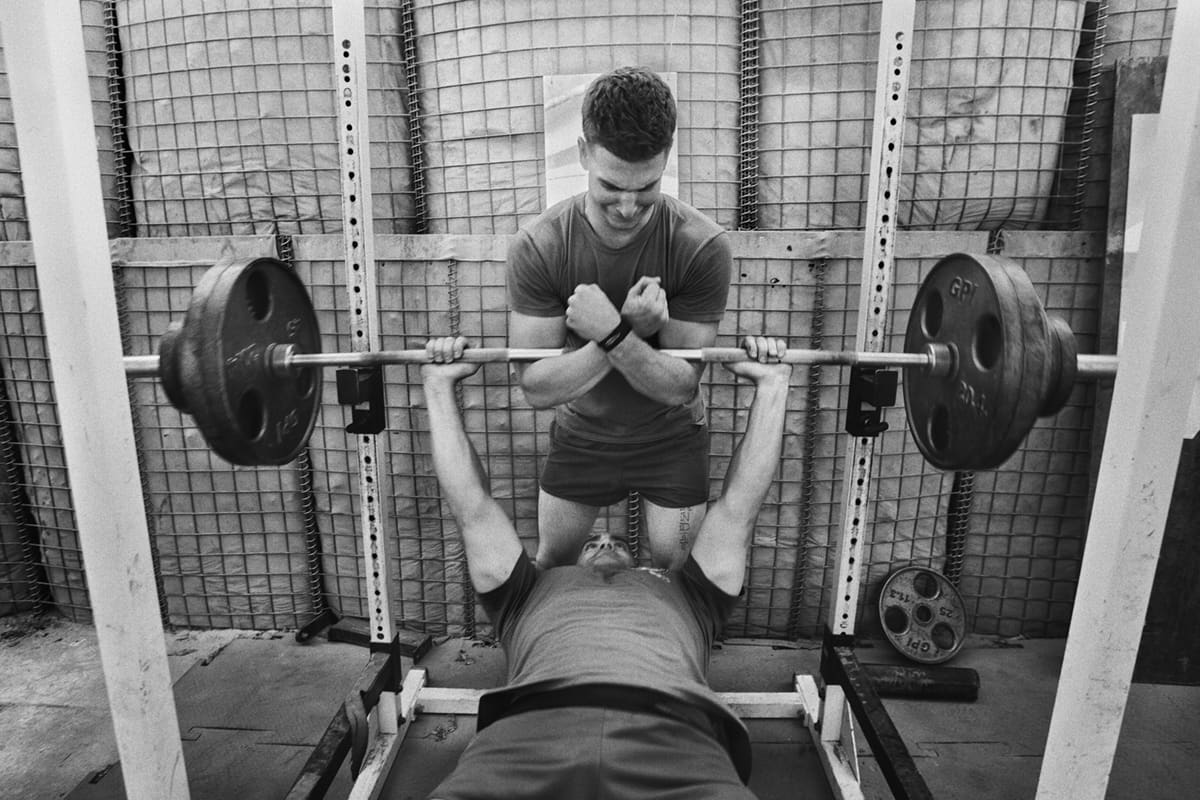 US Marines train at an improvised gym set up inside their base in Fallujah
